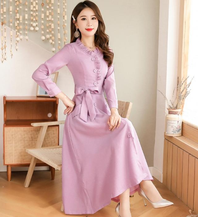 ウエストリボン フリルネック フレア ワンピース フレアワンピース ロング ロング丈 袖あり 長袖 スタンドカラー セミフレア Aライン フリル リボン 前開き かわいい 大人可愛い きれいめ シンプル カジュアル 大人 上品 おしゃれ レトロ 大人女子 こなれ感 ラブリー キュート