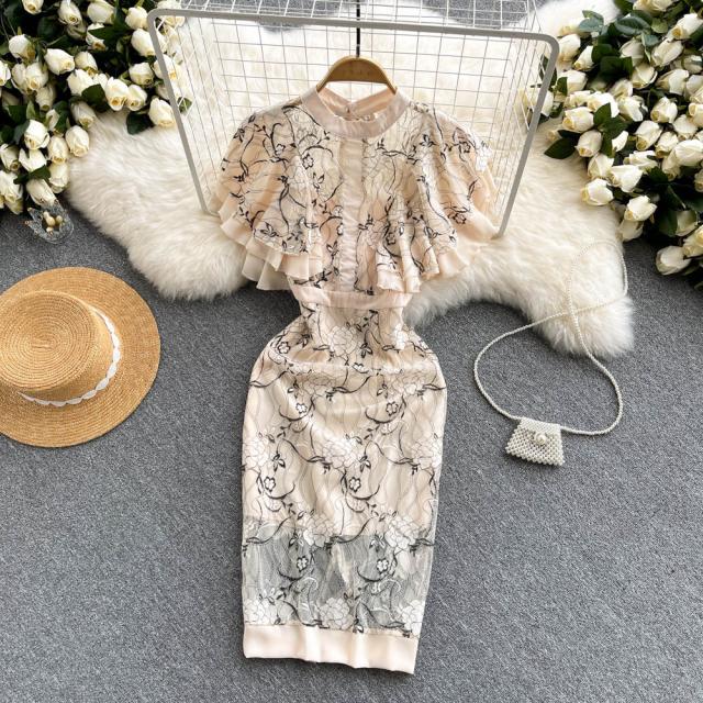 レース フレア袖 膝丈 タイト ワンピース ミモレ丈ドレス 膝丈ドレス キャバドレス キャバ ワンピ キャバ嬢ドレス タイトドレス ミモレ ミモレ丈 袖あり 半袖 フレアスリーブ スタンドカラー 刺繍 バックスリット ハイウエスト 透け感 シースルー かわいい 大人可愛い