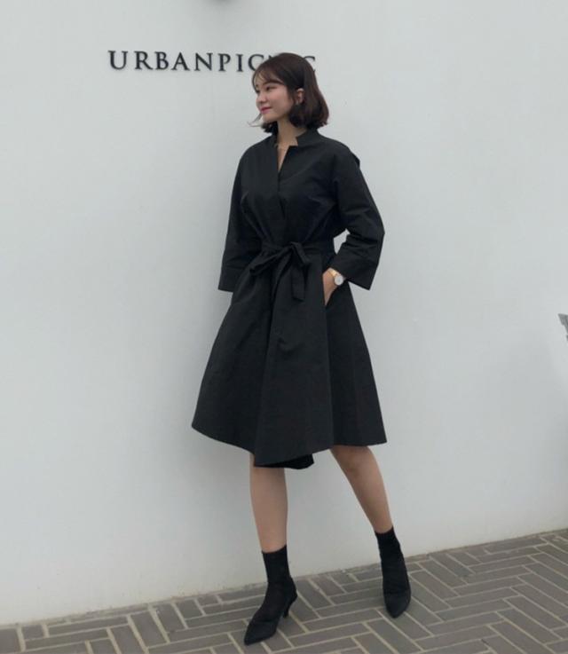 ウエストリボン ノーカラー シャツワンピース 膝丈 ひざ丈 袖あり 7分