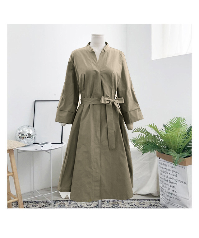 ウエストリボン ノーカラー シャツワンピース 膝丈 ひざ丈 袖あり 7分