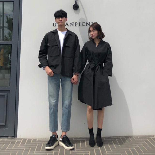 ウエストリボン ノーカラー シャツワンピース 膝丈 ひざ丈 袖あり 7分