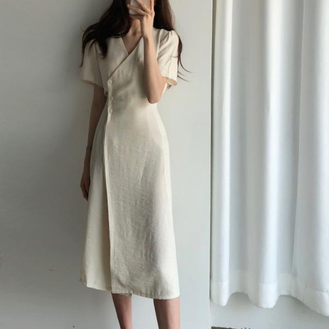 ワンピース ワンピドレス 膝下 ミモレ ミモレ丈 袖あり 半袖 Vネック 襟なし 細身 Aライン バックリボン 前開き 綿 薄手 かわいい 大人可愛い きれいめ シンプル カジュアル 大人 上品 おしゃれ アジアン エスニック 大人女子 ラフ 無地 夏 10代 20代 30代 40代 レディース