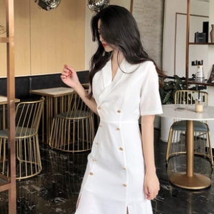 ワンピース ワンピドレス 膝丈 ひざ丈 袖あり 半袖 Vネック 襟付き 細身 マーメイド スリット サイドスリット 前開き 綿 薄手 かわいい 大人可愛い きれいめ シンプル 大人 上品 おしゃれ お洒落 大人女子 セクシー エレガント 主役級 無地 夏 誕生日 10代 20代 レディース