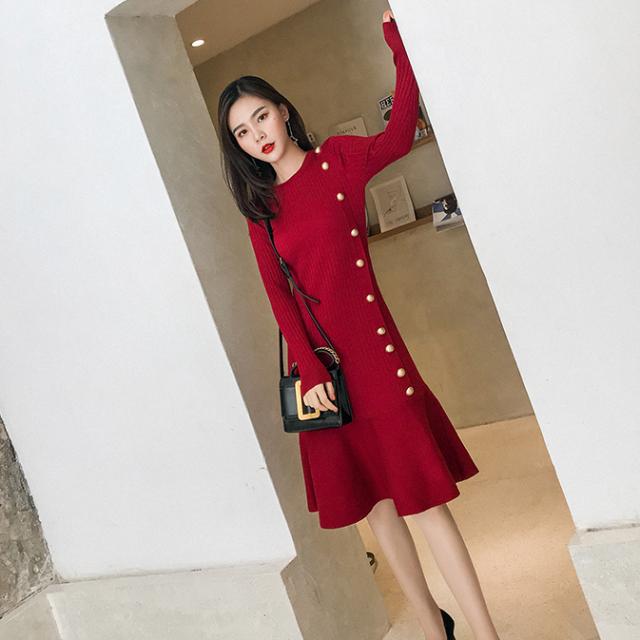 ワンピース 膝丈 ひざ丈 膝下 袖あり 長袖 襟なし フレア セミフレア タイト 細身 ニット かわいい 大人可愛い きれいめ シンプル カジュアル 大人 上品 おしゃれ お洒落 かっこいい レトロ 大人可愛い 大人女子 こなれ感 ラブリー キュート ガーリー セクシー 主役級 存在感