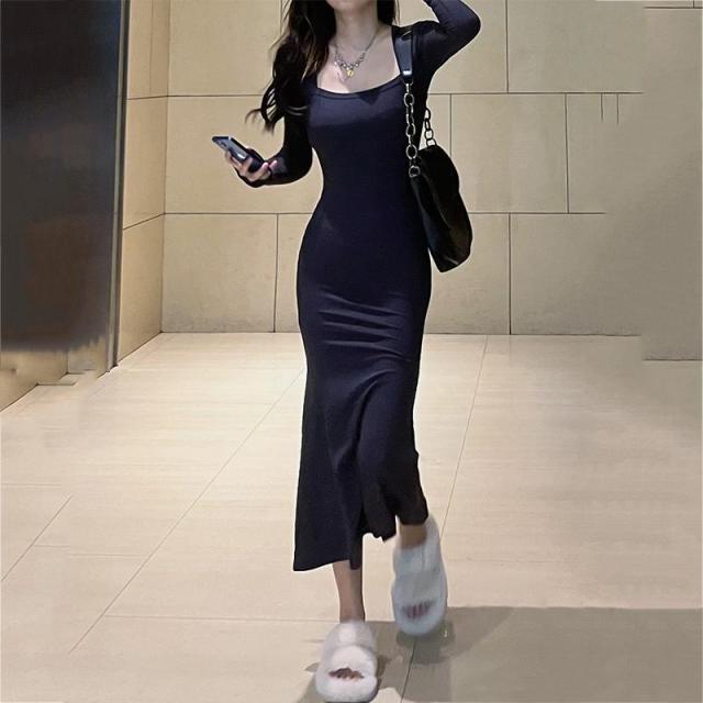 スクエアネック マーメイド ロングワンピ ワンピース ロングドレス キャバ ワンピ キャバ嬢ドレス キャバ 衣装 マーメイドドレス ブラックドレス セクシードレス ボディコン ロング ロング丈 長袖 マーメイドライン 胸元 谷間 谷間魅せ シンプル おしゃれ こなれ感 ラブリー