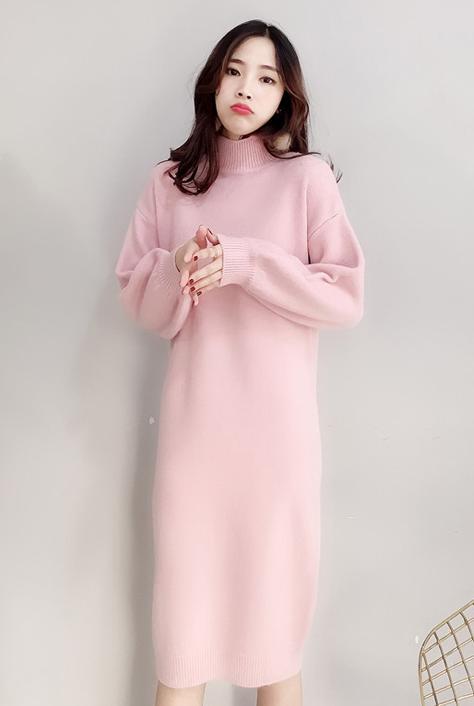 ワンピース ニットソー ニットワンピ ミモレ 長袖 タートルネック 襟