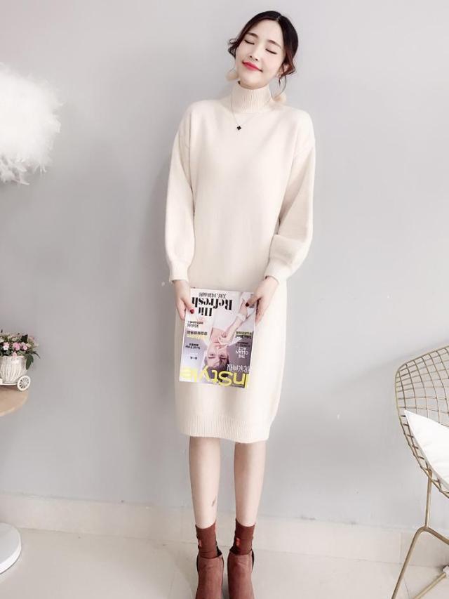 ワンピース ニットソー ニットワンピ ミモレ 長袖 タートルネック 襟