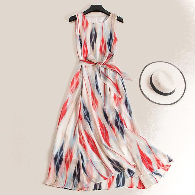 ワンピース 膝丈 袖なし ノースリーブ ラウンドネック Aライン ハイウエスト リボン ウエストリボン かわいい 大人可愛い きれいめ シンプル カジュアル 上品 おしゃれ レトロ こなれ感 ラフ キュート エレガント とろみ感 抜け感 スタイリッシュ ストライプ 春 夏 10代 20代