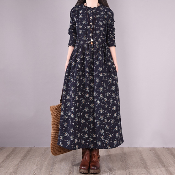 ワンピース ワンピドレス 膝下 ロング ロング丈 袖あり 長袖 Vネック 襟なし Aライン ウエストゴム 綿 リネン かわいい 大人可愛い シンプル カジュアル 大人 おしゃれ お洒落 レトロ アジアン エスニック 大人女子 ラフ 柄 小花柄 春 秋 冬 10代 20代 30代 レディース 女性用