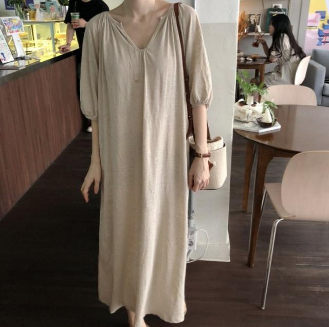 ワンピース ワンピドレス 膝下 ロング ロング丈 袖あり 半袖 Vネック