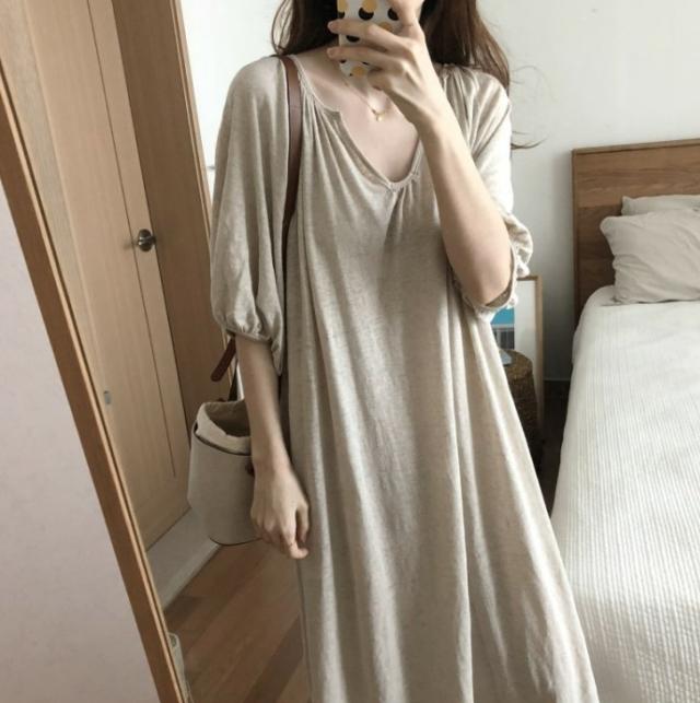 ワンピース ワンピドレス 膝下 ロング ロング丈 袖あり 半袖 Vネック