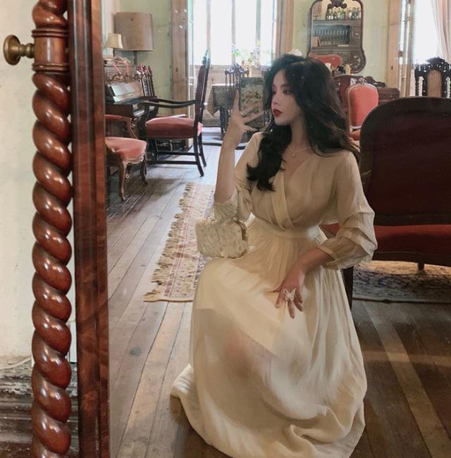 ワンピース ワンピドレス 膝下 ロング ロング丈 袖あり 7分袖 萌袖 V