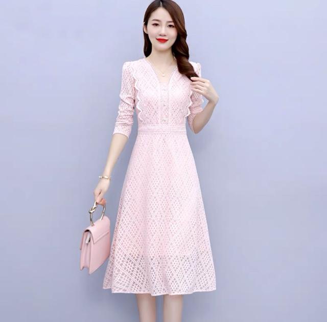 レースドレス ワンピース スカート ハイエンド ボトリングミッドレングス デート レース フレアスカート ワンピドレス ミモレ丈 袖あり 長袖 Vネック かわいい 大人可愛い きれいめ 大人 上品 おしゃれ お洒落 大人女子 ラブリー キュート セクシー フォーマル 無地 春 謝恩会 レースドレス ワンピース スカート ハイエンド ボトリングミッド