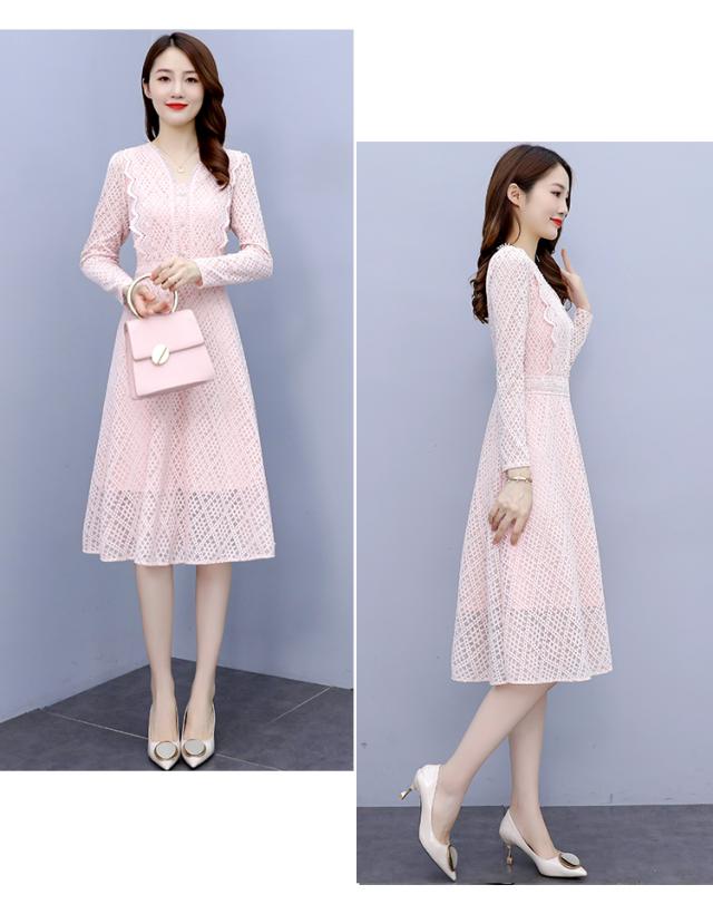 レースドレス ワンピース スカート ハイエンド ボトリングミッドレングス デート レース フレアスカート ワンピドレス ミモレ丈 袖あり 長袖 Vネック かわいい 大人可愛い きれいめ 大人 上品 おしゃれ お洒落 大人女子 ラブリー キュート セクシー フォーマル 無地 春 謝恩会 レースドレス ワンピース スカート ハイエンド ボトリングミッド