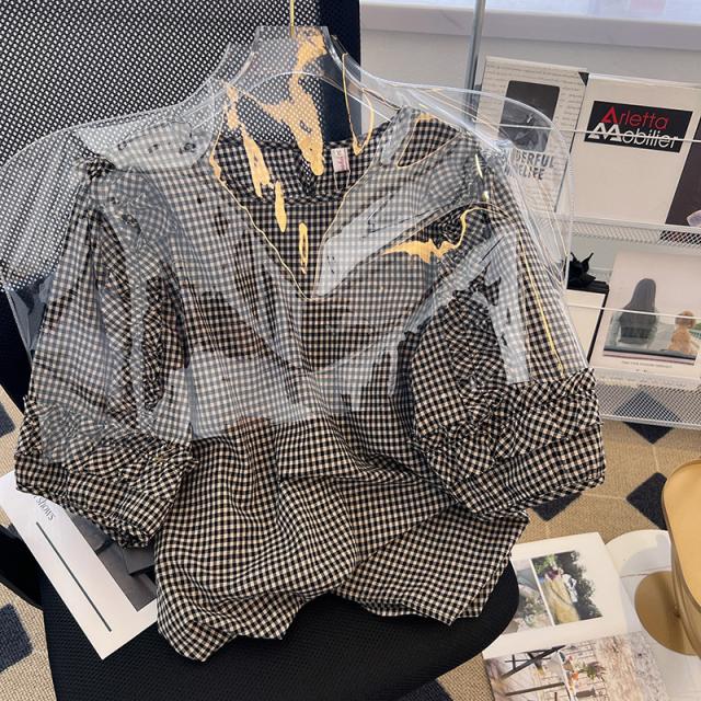 ギンガムチェック フレア袖 体系カバー ブラウス トップス プル