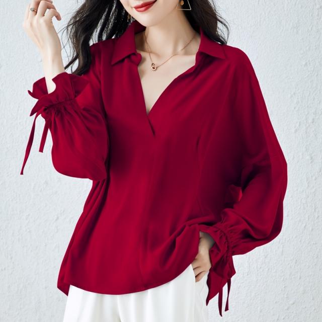 オーバーサイズ ゆったり エレガント ブラウス トップス プルオーバー 袖あり 長袖 ボリューム袖 ドロップショルダー Vネック 襟なし スキッパー 深Vネック シフォン フリル リボン かわいい 大人可愛い きれいめ シンプル 大人 上品 おしゃれ 大人女子 こなれ感 ラフ オーバーサイズ ゆったり エレガント ブラウス トップス プルオーバー
