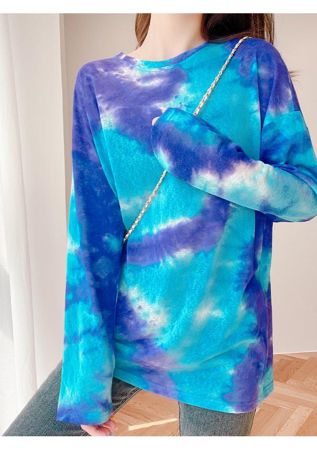 タイダイ染 ゆったり スウェット カットソー トップス プルオーバー トレーナー ロング ロング丈 袖あり 長袖 萌袖 Uネック クルーネック ストレート Iライン かわいい カジュアル おしゃれ かっこいい アジアン エスニック こなれ感 ラフ マニッシュ ボーイッシュ タイダイ染 ゆったり スウェット カットソー トップス プルオーバー