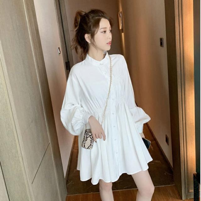 ウエストマーク シャツワンピ ワンピース シャツワンピース ミニ ミニ丈 ショート ショート丈 膝上 袖あり 長袖 ボリューム袖 ドロップショルダー スタンドカラー Aライン プリーツ ハイウエスト 前開き かわいい 大人可愛い きれいめ シンプル カジュアル おしゃれ こなれ感