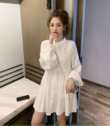 ウエストマーク シャツワンピ ワンピース シャツワンピース ミニ ミニ丈 ショート ショート丈 膝上 袖あり 長袖 ボリューム袖 ドロップショルダー スタンドカラー Aライン プリーツ ハイウエスト 前開き かわいい 大人可愛い きれいめ シンプル カジュアル おしゃれ こなれ感 ウエストマーク シャツワンピ ワンピース シャツワンピース ミニ ミニ