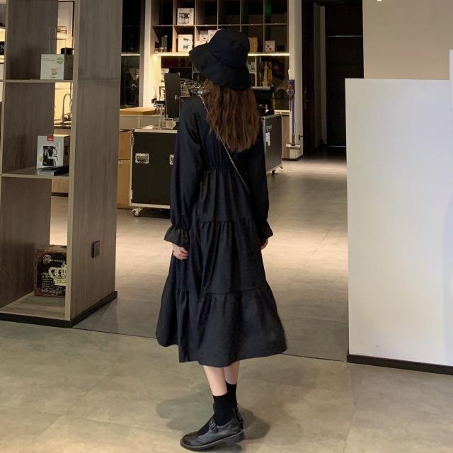 ワンピース フレアワンピース ロング丈 長袖 Vネック フード フレア