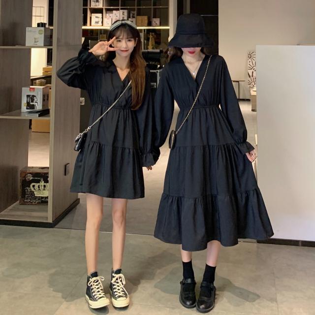 ワンピース フレアワンピース ロング丈 長袖 Vネック フード フレア