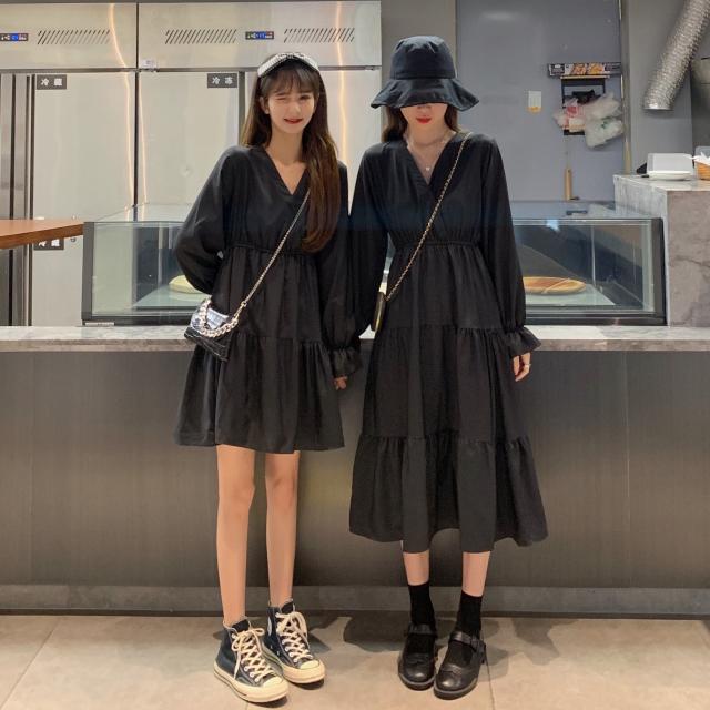 ワンピース フレアワンピース ロング丈 長袖 Vネック フード フレア