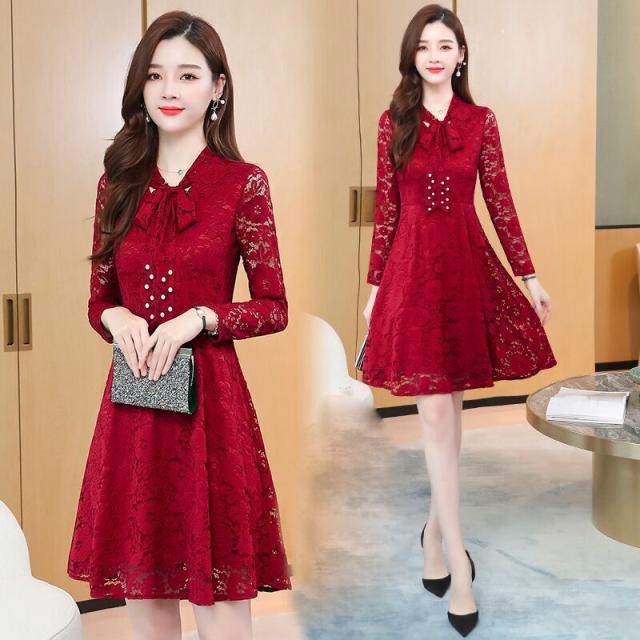 レースワンピース ワンピース ナイトドレス フレアスカート フレアワンピース ワンピドレス 膝丈 ひざ丈 膝上 袖あり 長袖 Vネック リボンタイ タイト 細身 Aライン レース リボン ベルベット きれいめ 大人 上品 おしゃれ お洒落 大人女子 セクシー エレガント 主役級 秋 冬