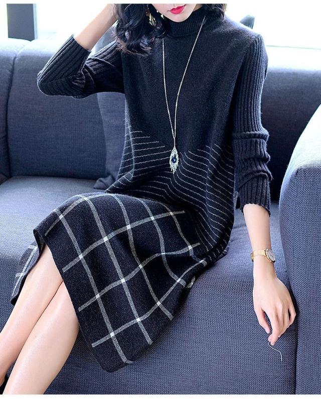 ニットワンピース ワンピース セーター ニットスカート 膝丈 ひざ丈 ミディアム丈 長袖 ハイネック セミフレア ストレート 切り替えデザイン リブニット ニット きれいめ 大人 上品 おしゃれ お洒落 大人女子 こなれ感 エレガント 主役級 柄 チェック柄 ボーダー 秋 冬 卒業式