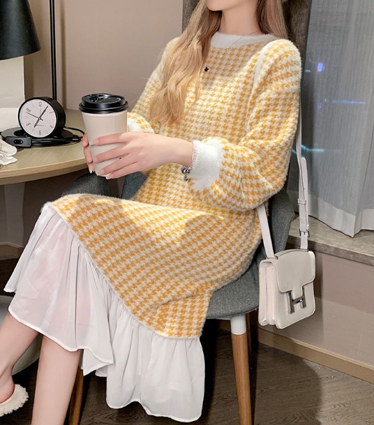 ワンピース ワンピドレス ロング ロング丈 袖あり 長袖 ラウンドネック 襟なし 切り替えデザイン ポリエステル かわいい 大人可愛い シンプル カジュアル 大人 おしゃれ アジアン 大人女子 こなれ感 ラフ 格子柄 千鳥格子 秋 冬 10代 20代 30代 レディース 女性用 ママ ワンピース ワンピドレス ロング ロング丈 袖あり 長袖 ラウンドネック