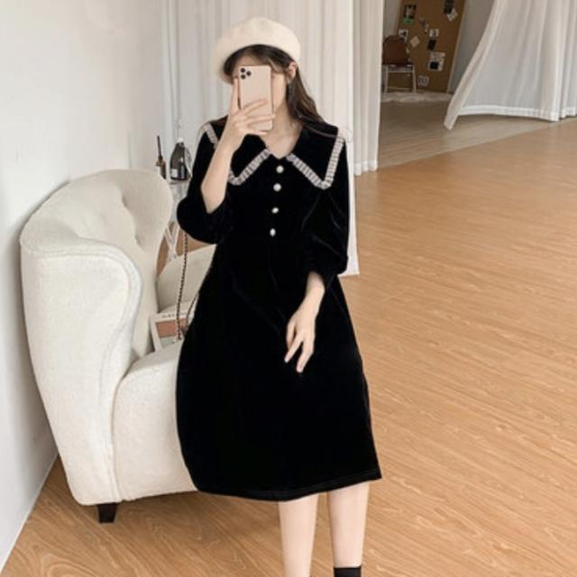 学生風 ワンピース シャツワンピース フレアワンピース 膝丈 ひざ丈 袖あり 長袖 襟付き フレア Aライン かわいい 大人可愛い きれいめ シンプル カジュアル 大人 上品 おしゃれ レトロ 大人女子 こなれ感 ラブリー キュート ガーリー 個性的 モード系 エレガント モダン