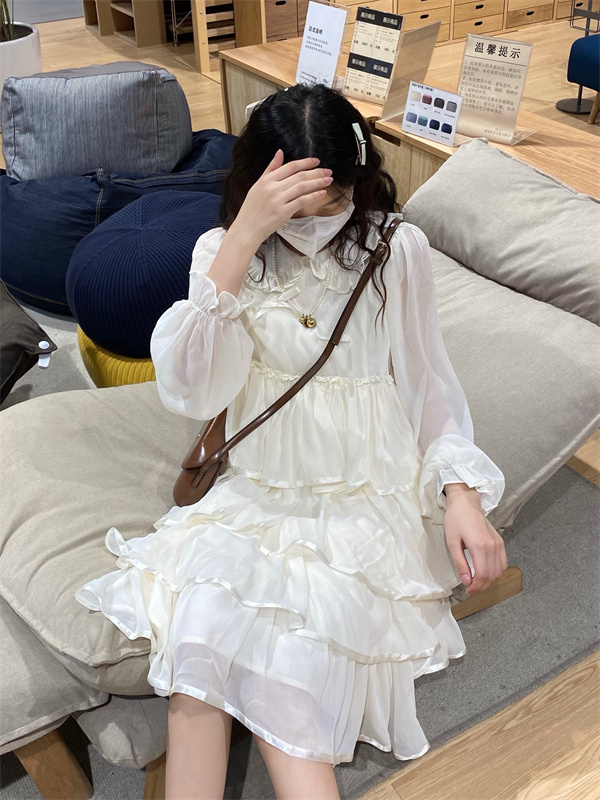 ティアード ロリータ ワンピース ミモレ ミモレ丈 袖あり ボリューム袖