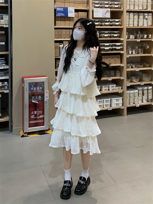 ティアード ロリータ ワンピース ミモレ ミモレ丈 袖あり ボリューム袖