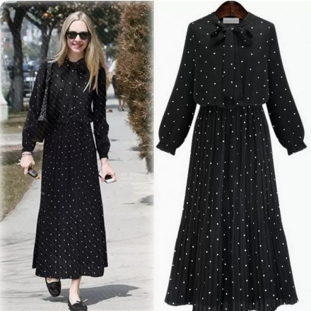 ドット柄 マキシ丈 プリーツ ボウタイ ワンピース マキシ アンクル丈 袖あり 長袖 フレア リボン かわいい 大人可愛い きれいめ シンプル カジュアル 大人 上品 おしゃれ 大人女子 こなれ感 ラブリー キュート ガーリー モード系 エレガント モダン フォーマル 水玉 秋 冬