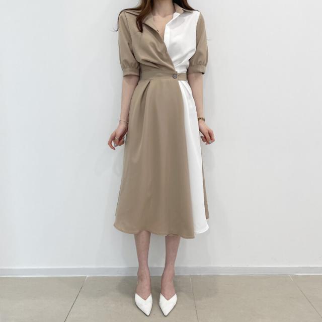 ワンピース シャツワンピース フレアワンピース 膝丈 ひざ丈 ミモレ ミモレ丈 袖あり 半袖 襟付き フレア Aライン ウエストマーク リブ リブニット 伸縮性 かわいい 大人可愛い きれいめ シンプル カジュアル 大人 上品 おしゃれ 大人女子 こなれ感 クール モード系 セクシー ワンピース シャツワンピース フレアワンピース 膝丈 ひざ丈 ミモレ