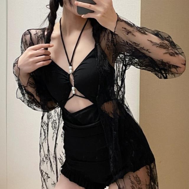 水着 モノキニ 三角ビキニ セクシービキニ レースカーディガン付 ホルターネック パッド付き 紐 三角 刺繍 フリル バックリボン 切り替えデザイン 盛れる セット かわいい 大人可愛い セクシー ゴージャス 華やか 大人 大人っぽい おしゃれ お洒落 かっこいい エスニック