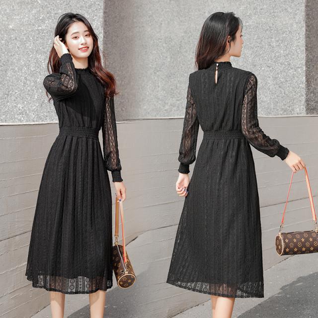 ワンピース 膝下 袖あり 長袖 ハイネック 襟なし セミフレア Aライン