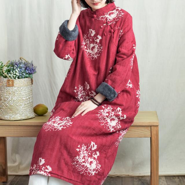 ボア付き ロング チャイナ ワンピース シャツワンピース フレア