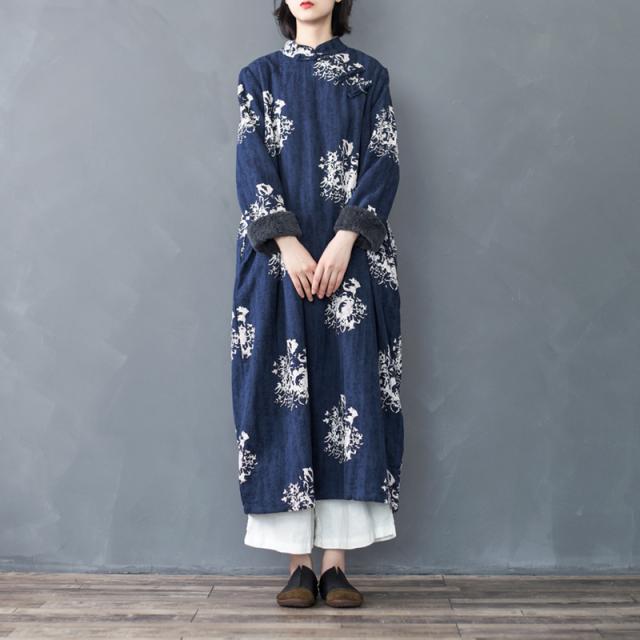 ボア付き ロング チャイナ ワンピース シャツワンピース フレア