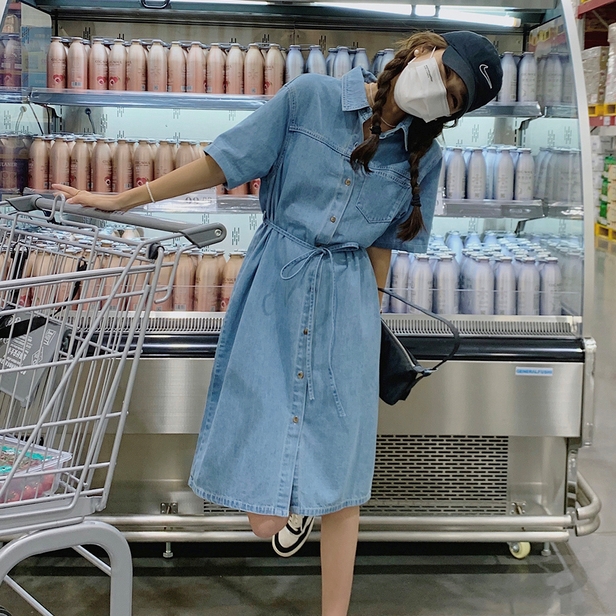 青 シャツワンピース 半袖 リボン付き リボン半袖シャツワンピース・全