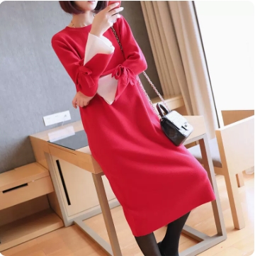 レイヤード風 袖切り替え ニット ワンピース ニットワンピース ロング ロング丈 袖あり 長袖 フレアスリーブ Uネック クルーネック ストレート リボン ふわふわ リブ リブニット 編み込み かわいい 大人可愛い きれいめ シンプル カジュアル 大人 上品 おしゃれ 大人女子