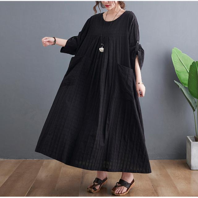 リラクシー リネン ロング シャツ ワンピース プルオーバー シャツワンピース マキシ マキシ丈 アンクル丈 袖あり 7分袖 七分袖 Uネック ラウンドネック フレア ワイド プリーツ ポケット かわいい 大人可愛い きれいめ シンプル カジュアル 大人 上品 おしゃれ 大人女子