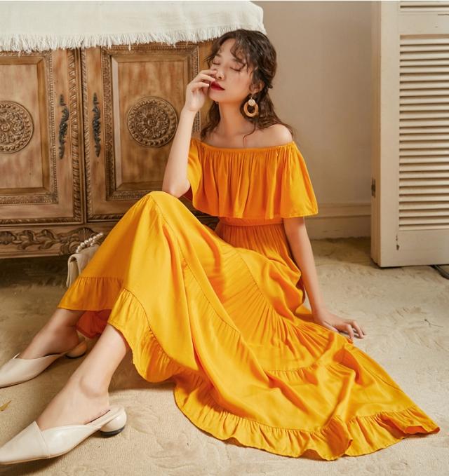 オフショルダー ロング ワンピース フレアワンピース ティアード