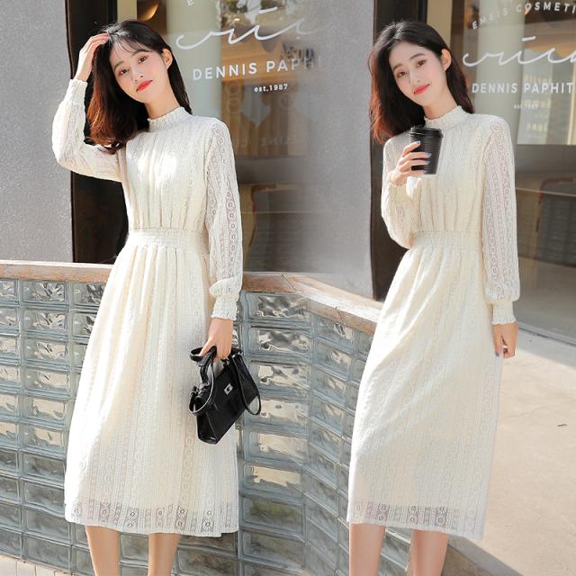 シフォン 透け感 レース ドレス ワンピース パーティードレス パーティドレス 結婚式ドレス 結婚式のドレス 膝丈ドレス 膝丈 ひざ丈 袖あり 長袖 ハイネック スタンドカラー Aライン フレア 刺繍 ウエストマーク シャーリング かわいい 大人可愛い きれいめ シンプル 大人