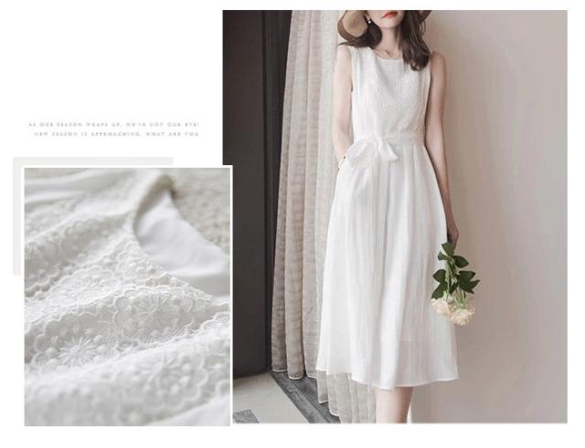 ノースリーブ ウエストリボン レース ワンピース フレアワンピース