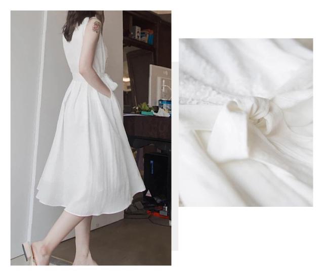 ノースリーブ ウエストリボン レース ワンピース フレアワンピース