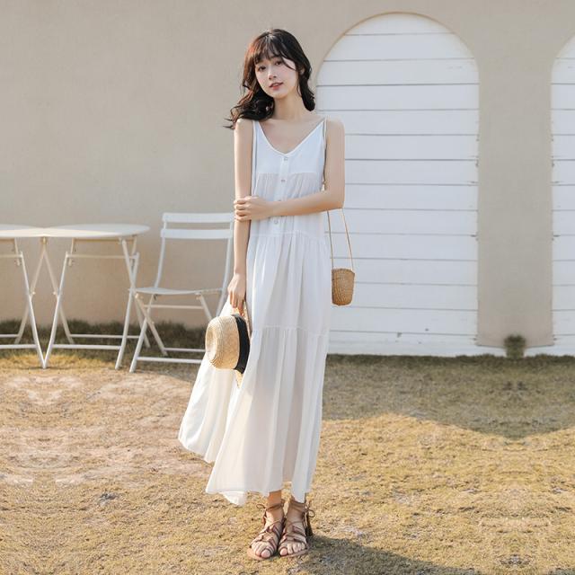 さわやか サスペンダー サマードレス スタイリッシュ 華やか 軽い レイヤード スカート ワンピース ロングスカート ロング ロング丈 ノースリーブ Vネック ストレート バックレス 薄手 かわいい シンプル カジュアル おしゃれ ラフ ラブリー キュート ガーリー ルーズ