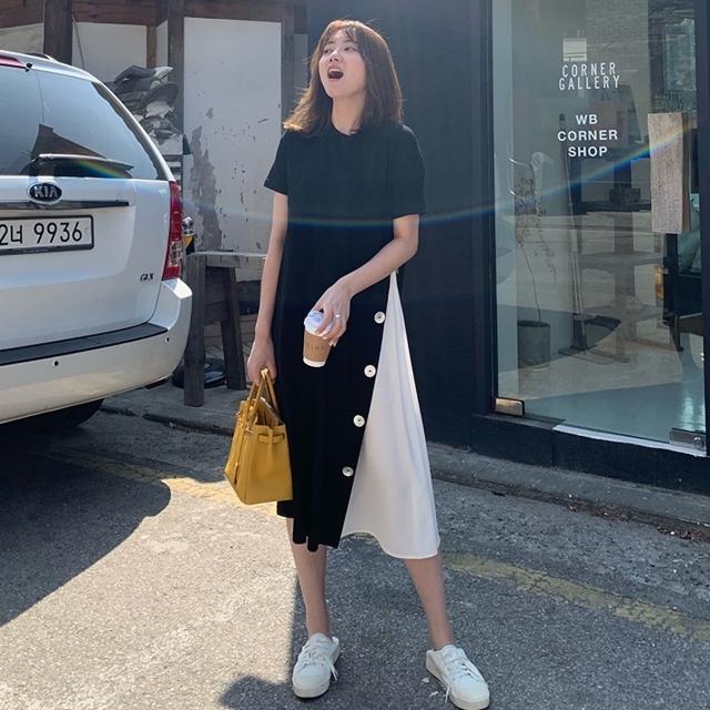 ルーズウエスト コントラスト トップス スカート ビッグT シャツワンピース 膝丈 ひざ丈 膝下 ミドル丈 袖あり 5分袖 レギュラースリーブ ラウンドネック Aライン スマート チュール ボタン ポリエステル 異素材MIX かわいい シンプル 上品 ラフ キュート ルーズ 無地 秋 20代