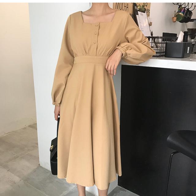 トップス スカート プルオーバー フレアワンピース 膝丈 ひざ丈 膝下 袖あり 長袖 絞り袖 ドロップショルダー スクープドネック スリム Aライン プリーツ ハイウエスト ボタン 大人可愛い きれいめ シンプル 大人 上品 おしゃれ レトロ 大人可愛い 大人女子 クール エレガント