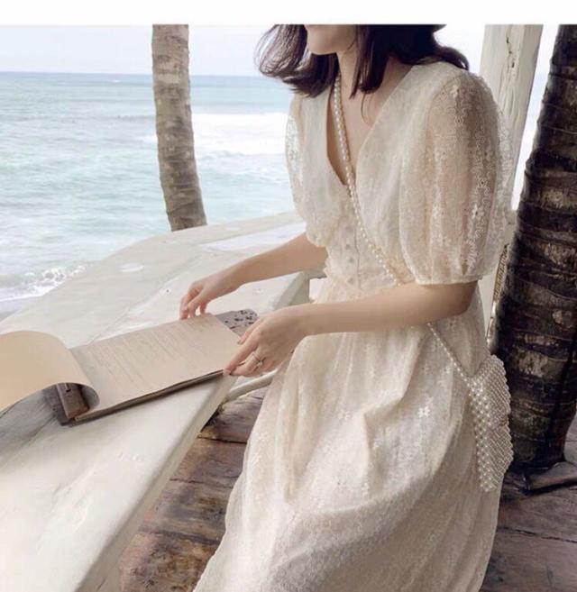レースワンピース ワンピース フレアワンピース 膝丈 ひざ丈 膝下 ミディアム丈 袖あり 半袖 パフスリーブ Vネック フレア Aライン レース 刺繍 チュール シフォン かわいい きれいめ おしゃれ お洒落 レトロ キュート ガーリー 主役級 柄 春 夏 10代 20代 30代 レディース_2