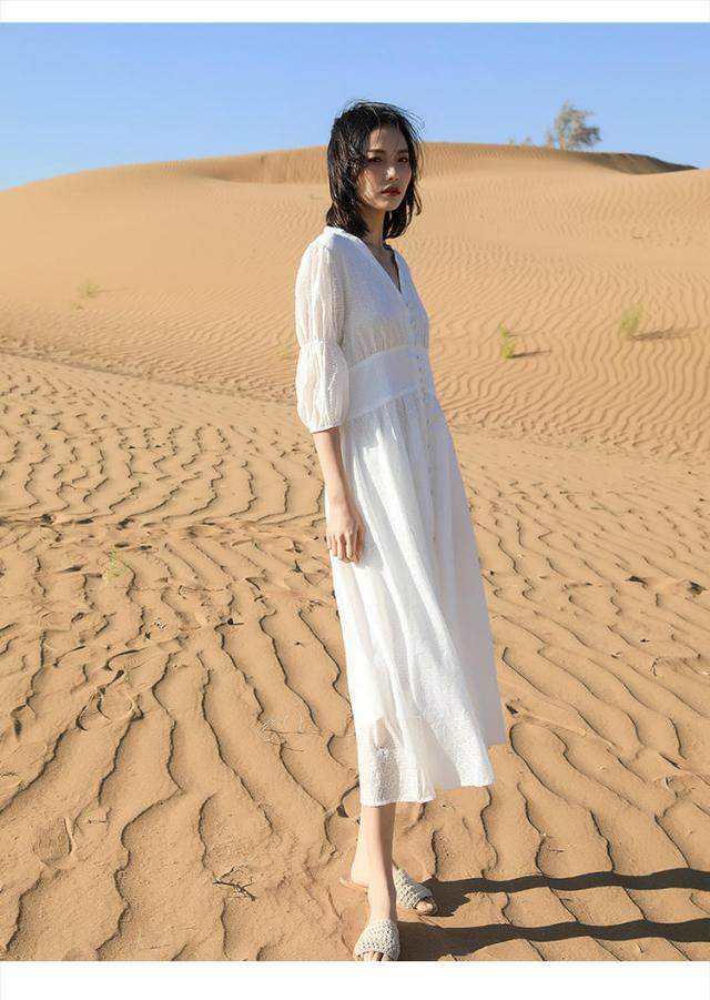 ウェスタン レースワンピース ワンピース チュニック フレアスカート フレアワンピース 膝下 ミディアム丈 袖あり 7分袖 七分袖 パフスリーブ Vネック フレア レース 刺繍 ウエストマーク スリット 前開き くるみボタン 大人可愛い おしゃれ お洒落 エキゾチック 大人女子 柄_8